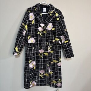 MOTF Floral Tweed Blazer Coat Womens Large Black Pink Embroiderd Double Breasted